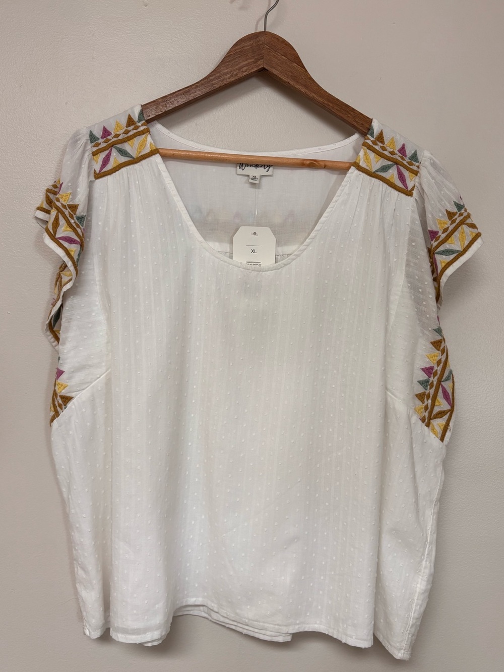 Wonderly Embroidered Boho Top XL White Cotton Flutter Sleeve Top Blouse NWT